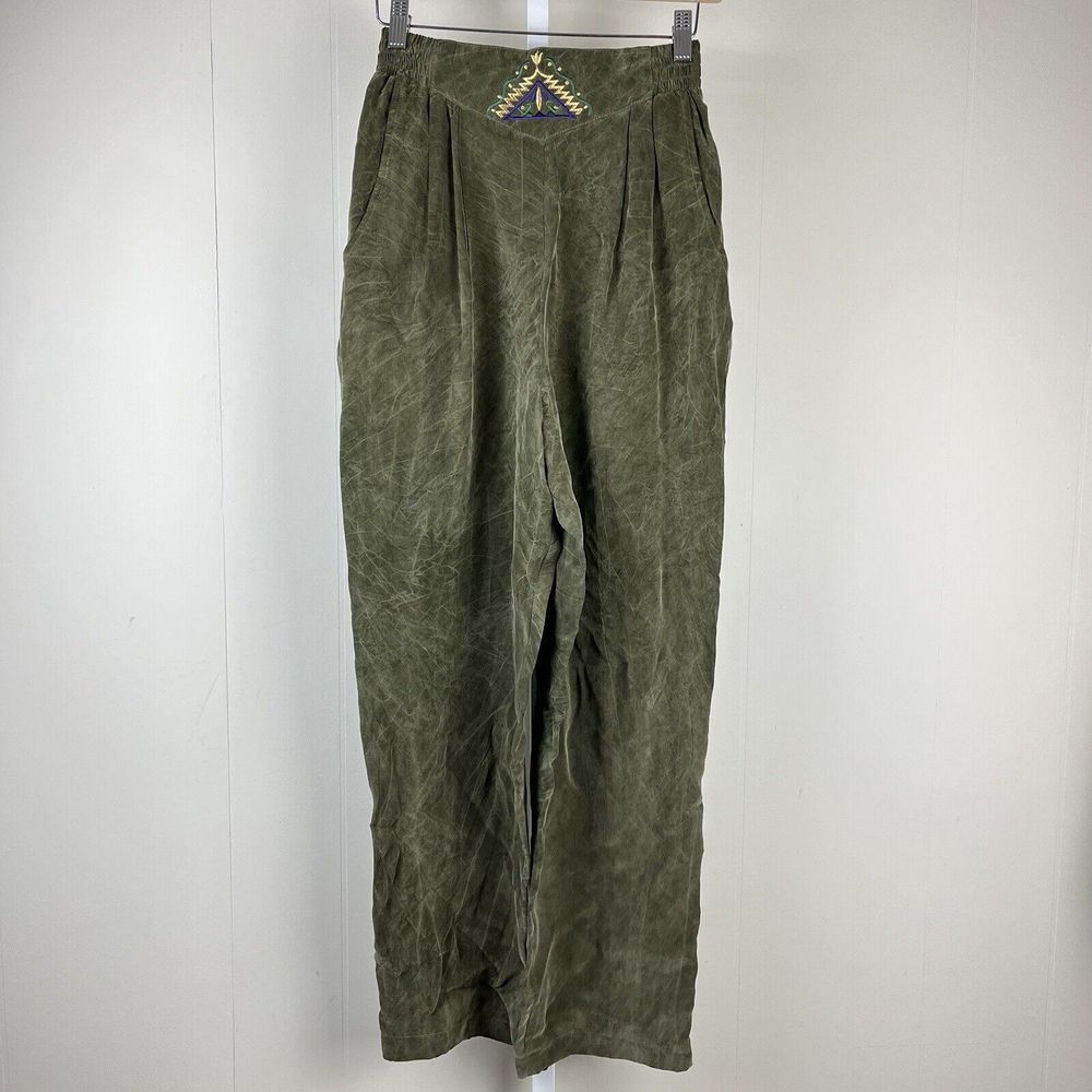 Saint Germain Paris Vintage Pants Olive‎ Green Embroidered Rayon NOS NWT Small